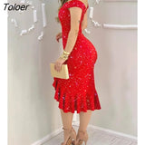 Women Fashion Elegant Sexy Glitter Off Shoulder Ruffles Slit Midi Dress Sexy Party Solid Red Black Bodycon