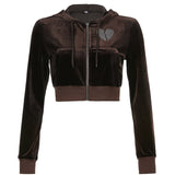 Jackets Women Y2k Pink Velvet Cropped Zip Up Hoodie Streetwear Long Sleeve Heart Diamond Rhinestone Sweatshirt Set with