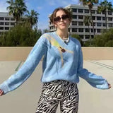 Korean Women Sweater Wave Print Causal Knitted Pullovers Female Jacquard Loose Blue Tops 2021 Autumn Winter Oversized