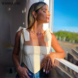 Tank Tops Women Sleeveless Square Collar Camisole Casual Backless Crop Top Bandage Patchwork Summer Asymmetric