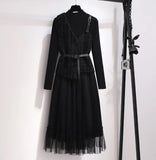 Women Elegant Casual Suit 2022 Autumn Fashion Black knitting Mesh Dress + Plaid Vest Top Female 2 Piece