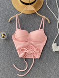 Summer Streetwear Black Soild Corset Top Backless Cami Strap Drawstring Bandage V Neck Crop Top Women 2022 Pink Tops