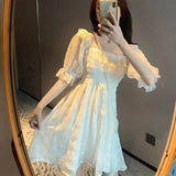 Puff Sleeve Lace Fairy Dresses French Korean Japan Style Kawaii Elegant Vintage Chiffon Bodycon Dress Women Clothing