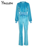 Yiallen Autumn Velvet Tracksuit Women Two Piece Suits Hooded Pocket Hoodie Sweatshirt+Straight Pants Female Matching Outfits
