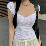 Girl Wrinkled Waist Show Thin Lace Collar T-Shirt Summer All-Color Simple Knitted Short-Sleeved Blouse-Outfit