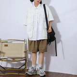 Toloer Cityboy Solid Color Multi-Pocket Overalls Short-Sleeved Shirt Men And Women Loose Retro Function Shirt