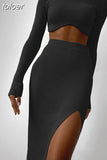 Autumn Sexy Solid Ribbed 2 Two Piece Sets Club Outfit For Women 2023 Long Sleeve O Neck Crop Top And Skirt Sets
