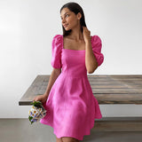 Women's New Temperament Square Collar Short Sleeve High Waist Thin Dress