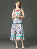 Runway Beach Bows Spaghetti Strap Flower Stitching Dress Women's Sleeveless Backless Floral Print Holiday Party