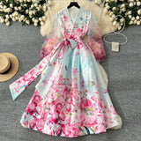 Spring Spring Court Wind Positioning Print Cross V-Neck Tie With Belt Mesh Long Sleeves Spliced