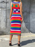 Autumn Crochet Midi Dress Clother For Women O Neck Sleeveless Patchwork Fashion Slim Dresses Streetwear Dress Female