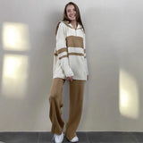 And Winter Solid Color Round Collar Open Fork Sweater Set Women's Loose Knitting Tops Broad Leg Pants Two