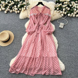 High-End Neckline Bow Tie Lantern Sleeve Lace Lace To Receive Waist Wave Dot Skirt Chiffon
