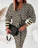 Independent Station Autumn Printed V-Collar Stylish Long-Sleeved Dress-Outfit
