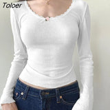 Floral Lace Short Top White Knitted Slim Neck Style Basic Casual T Shirt Women Chic Vintage Full Sleeve Harajuku Tee