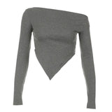 Grey Knitted Crop Top Asymmetrical Collar Full Sleeve T Shirt Women Harajuku Vintage Autumn Winter Basic Tee Street New-Outfit