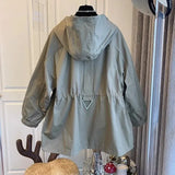 Women Full Sleeve Trench Coats Zipper Hooded Cardigan Solid Drawstring Tight Waist Splice Autumn Winter Casual Loose-Outfit