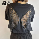 Black Lace Butterfly Hollow Out See Through Crop Top Women Y2k Clothes Summer Fairycore Grunge T Shirts