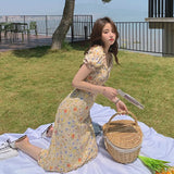 Korean Sexy V Neck Sexy Long Floral Bodycon Chiffon Dress for Women Clothing Beach Puff Sleeve Midi Dresses Summer