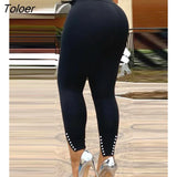 Women Black Slit Beaded Decor High Waist Eyelet Buckled Skinny Long Pants With Belt Casual Slim Fit Trousers