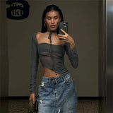 Asymmetric Square Neck Long Sleeved Tops Y2k Streetwear Hollow Out Mesh See Through Sexy T Shirts Women