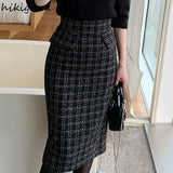 Tweed Plaid Women Skirt Korean Fashion Jupe High Waist Black Long Skirts Vintage Bodycon Skirts Faldas Mujer De
