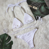 Toloer New Bikini Bandage Cross Bikini Solid Color Metal Diamond Swimsuit Sexy Female