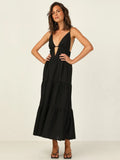 Summer Ladies Suspender Dress Temperament Sexy Backless Solid Color V-neck Hollow Black Suspender Large Swing Women's