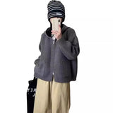 New Knitted Sweater Cardigan Female Simple Pocket Double Zipper Hooded Female Loose Solid Color Coat Female-Outfit