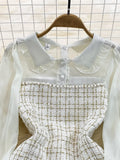 Fashion Women Woolen Tweed Dress Autumn Winter Plaid Tweed Patchwork Chiffon Long Sleeve A Line Elegant Short