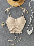 Summer Streetwear Black Soild Corset Top Backless Cami Strap Drawstring Bandage V Neck Crop Top Women 2022 Pink Tops