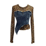 Shooting Fashion Leopard Tard Tard Babes Mesh Splicing Denim Irregular Bottom Shirt Short Top