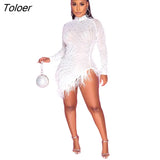 Bead Sleeve Dresses Diamonds Clothing Feather Dress Women Slim Women's Hot Drill Outfit Party Club Fashion Sexy