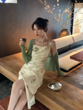 Knitted Cardigan Print Spaghetti Strap Backless Split Sleeveless Elegant Bodycon Dress Suit Two Piece Sets Womens