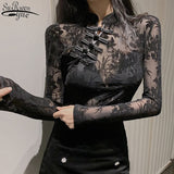 Sleeve Slim Chinese Y2K Turtleneck Black Sexy Blouses Top for Women 2022 New Vintage See Through Lace Women's Shirt