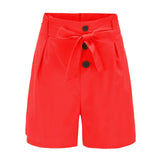 Women Shorts High Waist Buttons Sashes Elegant Summer Zip-Up Skinny Shorts Solid Plus Size Pockets Summer Casual