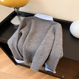 2025 New Fake Two Shirt Collar Sweater Women With Lazy Wind Collared Gray Knitted Shirt