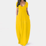 Casual Long Dress Summer 11 Colors Solid Short Sleeve Maxi Dresses Fashion Pocket V-neck Female Loose Dress Robe