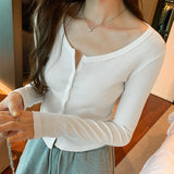 Short-Shouldered Long-Sleeved T-Shirt Women's New Autumn Cardigan Slim And Thin Round-Neck Bottomed Blouse-Outfit