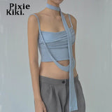 Y2k Streetwear Crop Tops Asymmetrical Ruched Backless Tank Top Baby Blue Camisole Summer Clothes for Womans