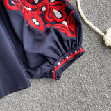 Travel To Shoot Retro National Wind Embroidery With Tuxedo V-Neck Lantern Sleeve Top Lady