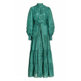 Vintage Green Lace Up Long Dress Female Stand Collar Lantern Sleeve High Waist Maxi Dresses For Women 2022