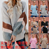 New Sweater Women Autumn And Winter Explosion Chicken Heart V Neck Lantern Sleeve Striped Knitted