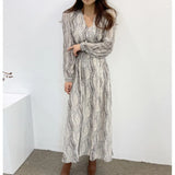 Women V-neck Print Dress 2021 Female Full Sleeve Lace-up Waist A-line Vestidos