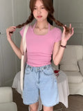 Desire Hot Girls Design Sense To Hang Neck U-Collar Short-Sleeved T-Shirt Summer New Style Waist Shows Slim All Kinds Of Short Style Blouse Trend-Outfit