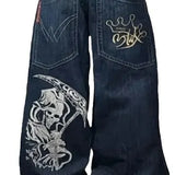 Hip-Hop Skull Printed Jeans For Men And Women High Street Tide Brand Loose Wide-Legged Floor Trousers-Outfit