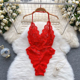 Female Sexy Lace Bodysuits Summer Sleeveless Halter Transparent Slim Rompers LadiesFrance Style Backless