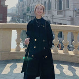 Fashion Hepburn Style High End Atmosphere Black Tweed Coat Women's Middle Long Winter New Knee Thick Woolen