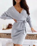 Off Shoulder Sweater Dress Women Backless Knitted Jumper Sexy Female Long Sleeve Spring Fall Elegant V Neck See Through