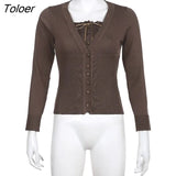 Knitted Buttons Cardigan Top for Women Y2K Aesthetics Long Sleeve Basic T Shirts Spring Autumn Casual Tees Korean y2k